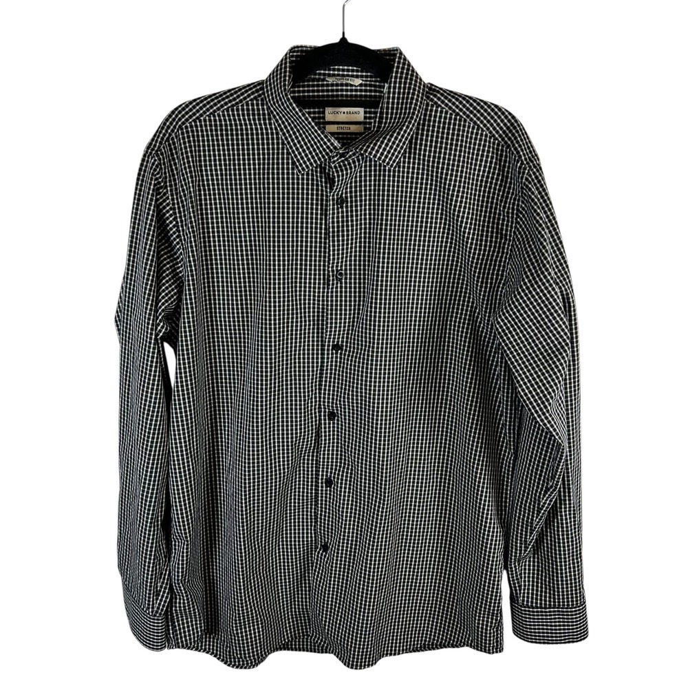Lucky Brand Mens Regular Fit Stretch Gingham Button Down Shirt Black White L